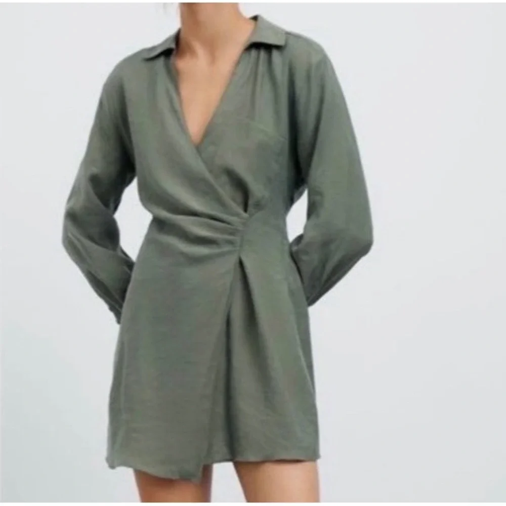 Zara Womens Sage Green Lyocell Wrap Front‎ Mini Dress Long Sleeve NWT Size M